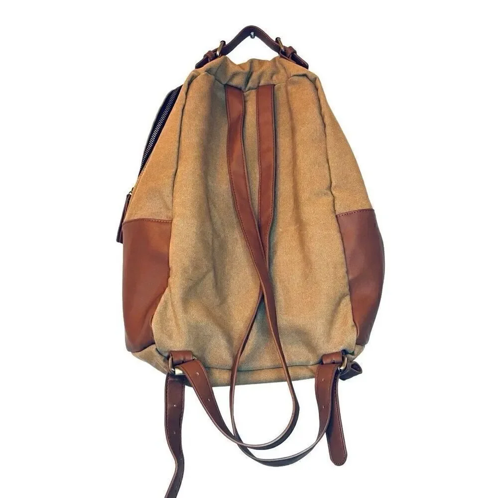 Madison West Colorblock Ribbed Trim Canvas & Vegan Leather Backpack Brown OS